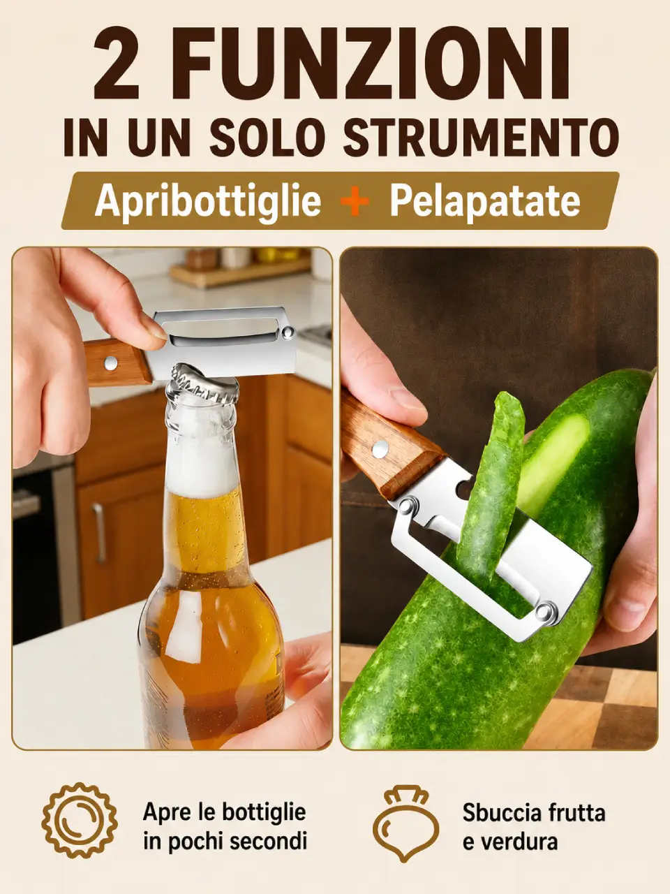 Pelapatate e apribottiglie in un solo utensile