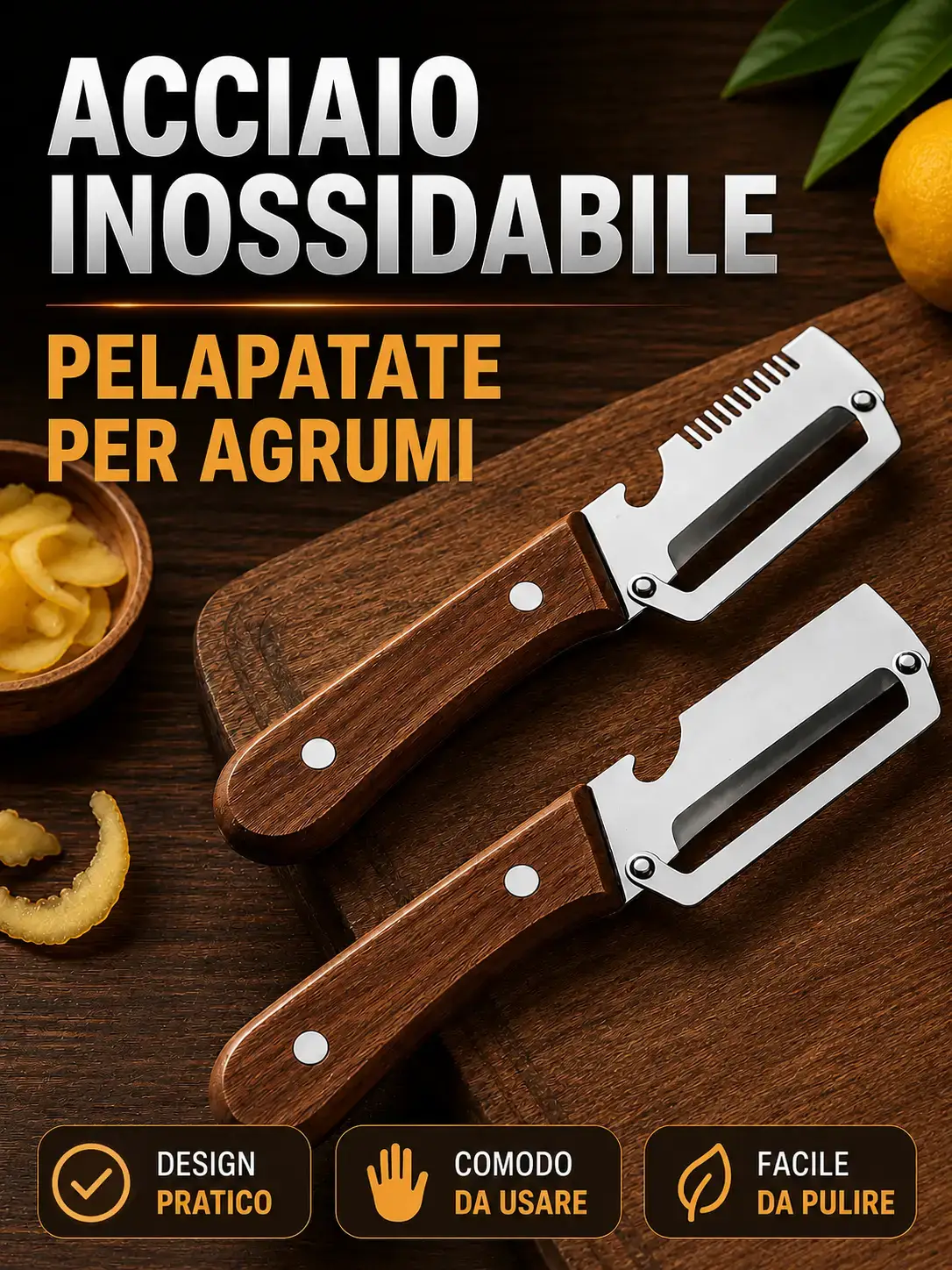 Acciaio inox e manico in legno