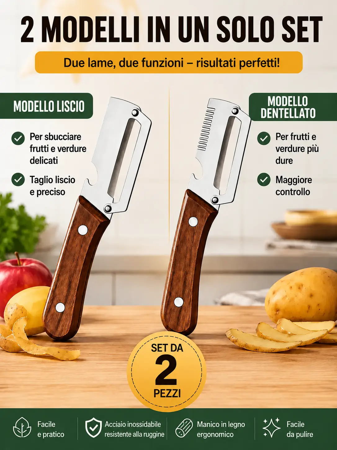 Due modelli di pelapatate in un unico set