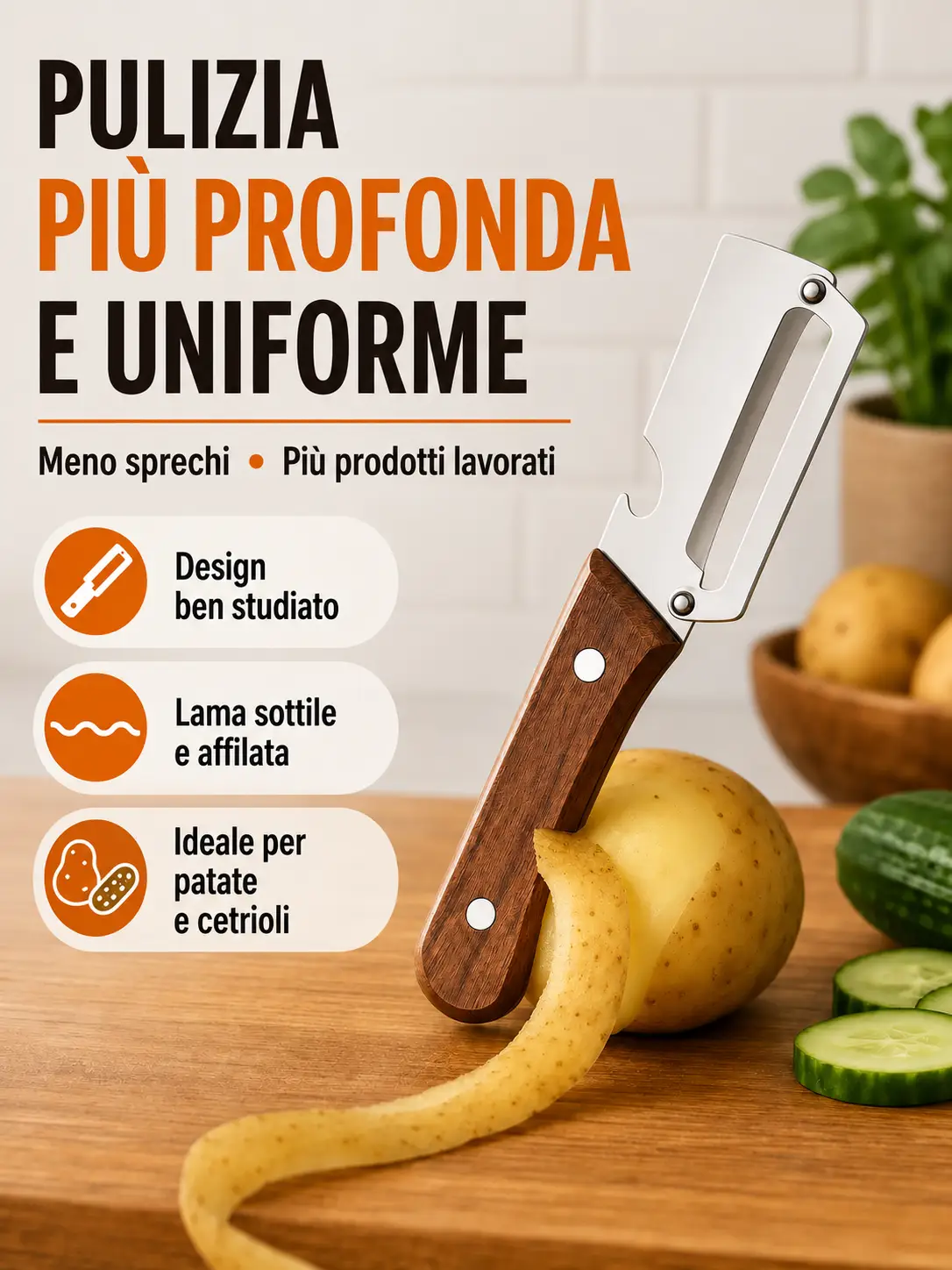 Patate sbucciate in modo sottile e uniforme
